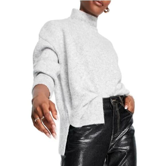 Cropped Mock Neck Ribbed Sweater, Casual, Minimalist, Capsule, Heather Gray, 12 - Picture 1 of 6